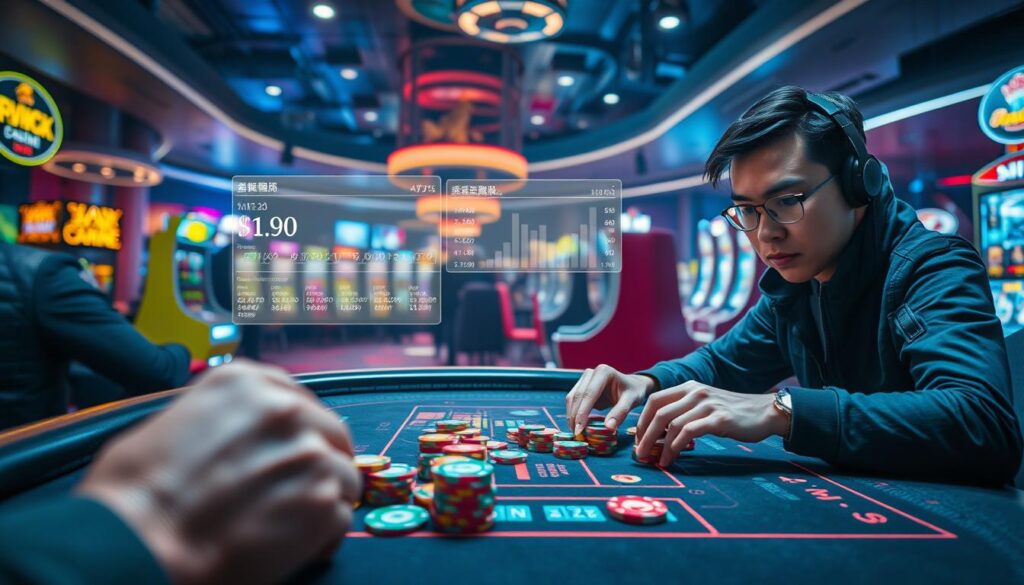 A captivating scene of strategic gameplay unfolding in an online casino setting. The foreground features a player's hands skillfully maneuvering virtual chips, their expression focused and determined. In the middle ground, a sleek, modern interface displays real-time statistics and win-loss ratios, guiding the player's next moves. The background showcases a panoramic view of a bustling virtual casino, with colorful lights, animated slot machines, and the faint sounds of excitement. The overall atmosphere exudes a sense of calculated risk-taking and the thrill of outsmarting the odds, reflecting the essence of a successful "獲利策略" in the online entertainment industry.