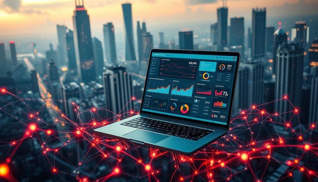 A captivating scene of the importance of SEO (Search Engine Optimization) unfolds before us. In the foreground, a vibrant web of interconnected nodes and pathways, representing the intricate algorithms that govern online visibility. The middle ground showcases a sleek, modern laptop, its screen displaying a comprehensive SEO dashboard, adorned with analytical charts and metrics. In the background, a cityscape of towering skyscrapers, symbolizing the vast digital landscape businesses must navigate to achieve success. The lighting is soft and diffused, conveying a sense of thoughtful deliberation, while the camera angle provides a bird's-eye view, emphasizing the strategic nature of effective SEO. The overall mood is one of focused determination, underscoring the critical role SEO plays in the modern business world.
