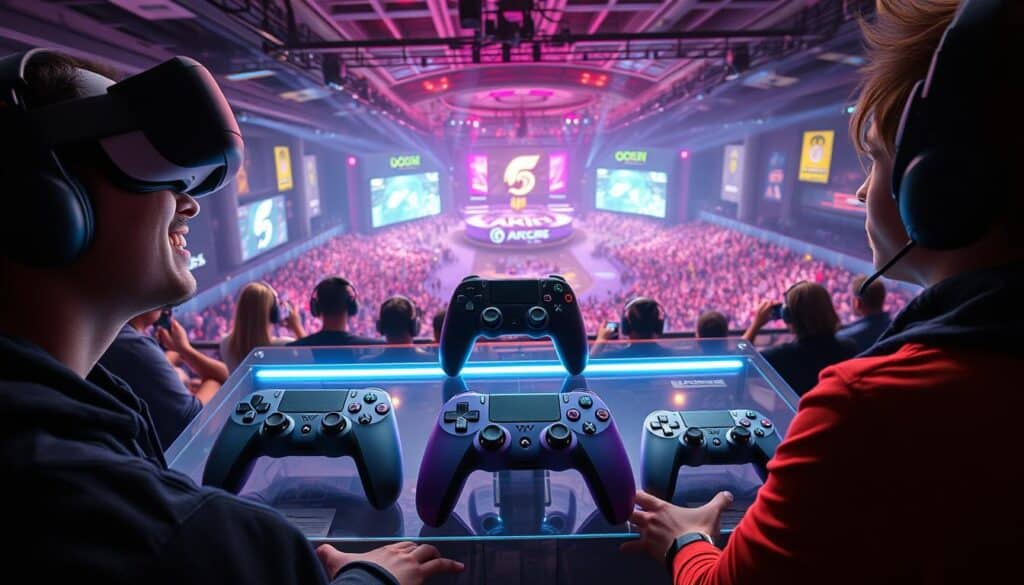 A captivating scene showcasing the latest gaming trends unfolds. In the foreground, a group of gamers immersed in a cutting-edge virtual reality setup, their expressions of awe and excitement palpable. The middle ground features a display of the latest console controllers, sleek and futuristic, while in the background, a panoramic view of a bustling eSports arena, with vibrant lighting and the energy of a crowd cheering on the action. The overall atmosphere is one of technological innovation, boundless creativity, and the thrill of the digital frontier.