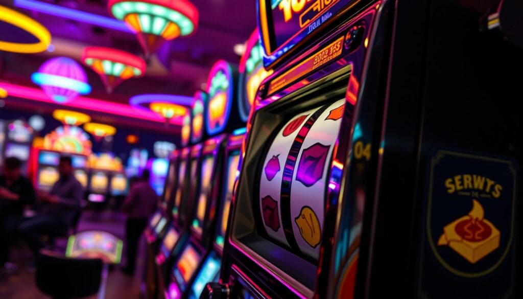A captivating slot machine game set against a vibrant casino backdrop, bathed in the warm glow of neon lights. In the foreground, the intricate mechanisms of the slot machine come to life, the reels spinning hypnotically as they align symbols of fortune and wealth. In the middle ground, the rich textures of the machine's polished metal and glass casing reflect the vibrant colors of the casino environment. The background features the bustling energy of the gaming floor, with the silhouettes of other slot machines and the indistinct figures of players immersed in the thrill of the game. The overall mood is one of excitement, anticipation, and the tantalizing promise of a big payout, capturing the allure and magnetism of the classic slot machine experience.