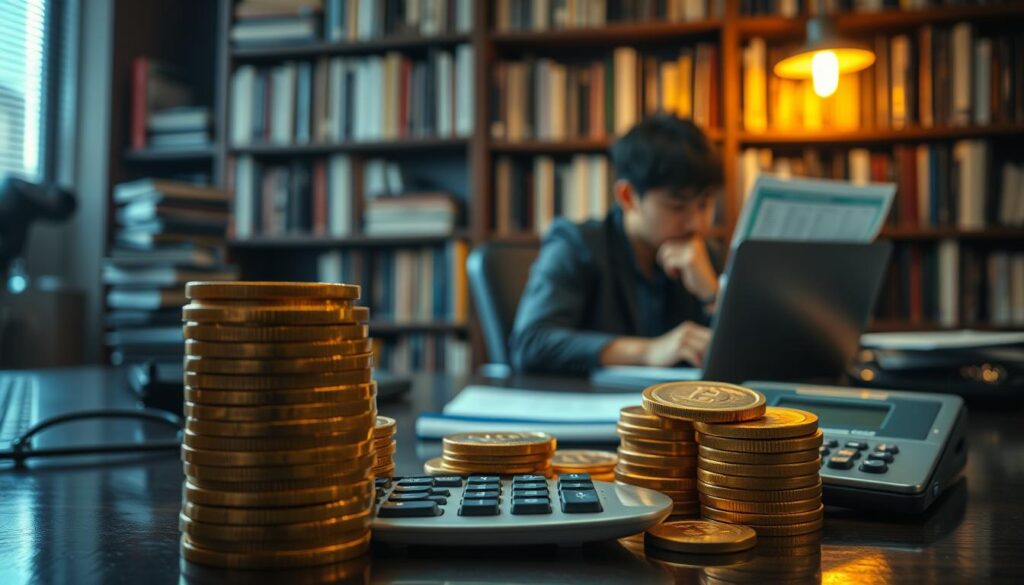 A carefully composed scene depicting the concept of "資金管理". In the foreground, a stack of gold coins and a calculator, symbolizing the financial planning and tracking aspects. In the middle ground, a person sitting at a desk, thoughtfully reviewing budget spreadsheets on a laptop screen. The background features a bookshelf filled with finance-related books, casting a warm, focused lighting across the scene. The overall atmosphere conveys a sense of diligence, organization, and financial responsibility - crucial elements for successful online gaming and wealth management.