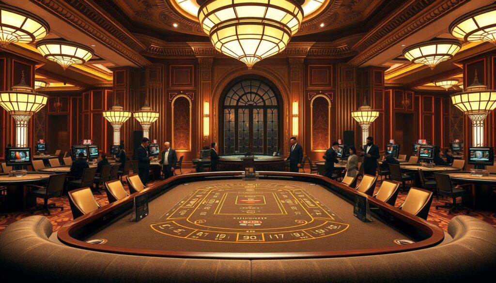A casino interior with a large baccarat table in the center, illuminated by warm, muted lighting. The table is surrounded by plush chairs and elegant decor, creating a refined, sophisticated atmosphere. Dealers in formal attire stand at the ready, interacting with players as they place their bets. The background features ornate architectural details, suggesting a high-end, traditional gaming establishment. The overall scene conveys the flow and elegance of the baccarat gaming experience.
