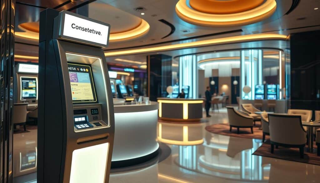A casino interior with sleek, modern design and a focus on efficient cash withdrawal. The foreground features a well-lit, high-tech ATM-style terminal, with a streamlined user interface and intuitive controls. The middle ground showcases a concierge desk, where a helpful staff member assists patrons with the withdrawal process. In the background, the casino's elegant decor is visible, with plush seating, warm lighting, and minimalist accents that create a sense of luxury and ease. The overall atmosphere conveys a seamless, stress-free experience for players looking to quickly access their winnings.