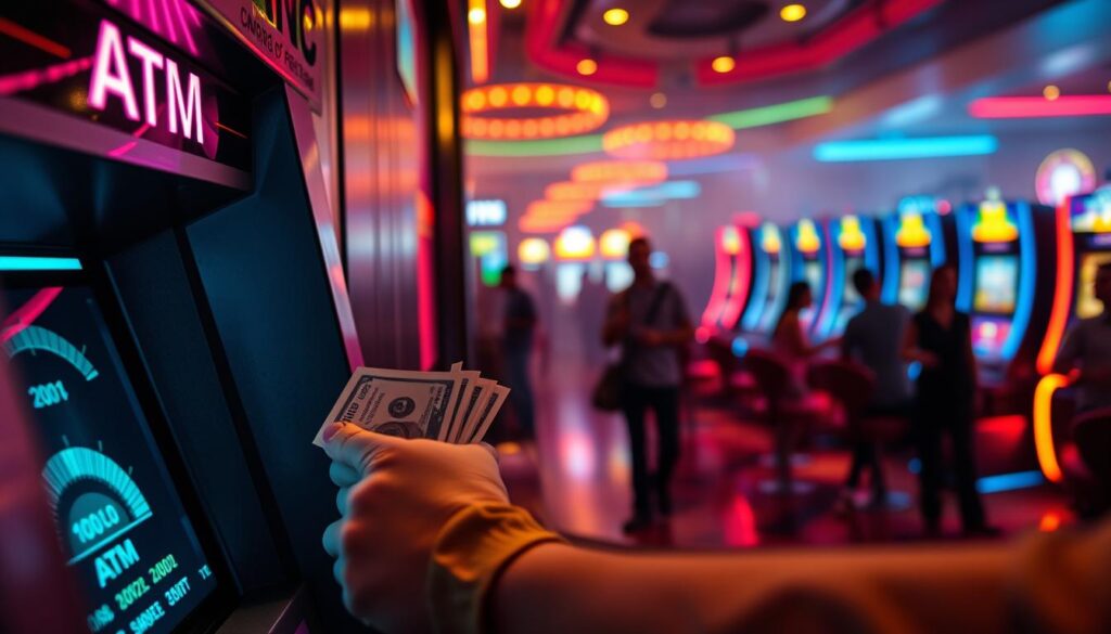 A casino-like setting with a player eagerly withdrawing cash from an ATM machine, highlighting the speed and convenience of the transaction. The foreground features the ATM interface with a progress bar or timer, conveying the notion of quick payouts. The middle ground showcases a vibrant and immersive gaming environment, with neon lights, colorful slot machines, and the silhouettes of excited players. The background blurs into a hazy, dreamlike atmosphere, evoking the thrill and intensity of the gaming experience. Dramatic lighting, with a mix of warm and cool tones, creates a sense of excitement and suspense. The overall composition and mood suggest a seamless integration between the financial aspect and the gaming experience.