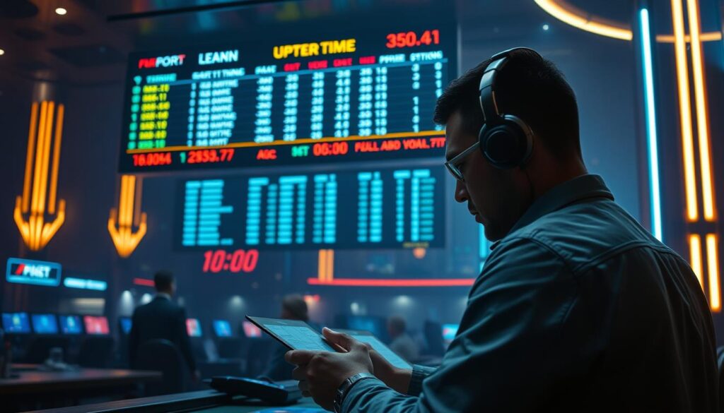 A casino-style layout with a live sports scoreboard prominently displayed, showcasing real-time game updates. In the foreground, a player carefully studies the odds and adjusts their betting strategy, leveraging the immediate feedback from the scoreboard. The atmosphere is one of focused intensity, with neutral lighting and a sense of modern, high-tech elegance. The image should convey the idea of using live data to optimize gambling decisions, without any extraneous details or branding.