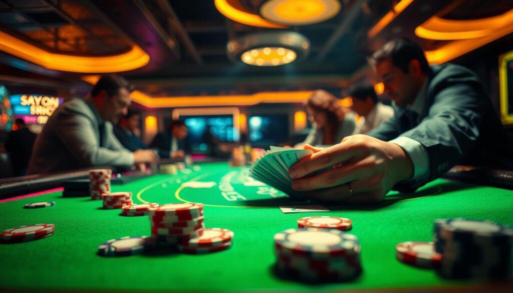 A casino table with a neon-lit green felt surface, illuminated by warm overhead lighting. In the foreground, casino chips in various denominations are scattered, hinting at strategic betting. The middle ground features a dealer's hands expertly shuffling a deck of cards, conveying a sense of precision and anticipation. In the background, the silhouettes of players lean in, focused on the unfolding game of Baccarat. The overall atmosphere is one of tension and excitement, capturing the essence of an effective betting strategy in this popular casino game.