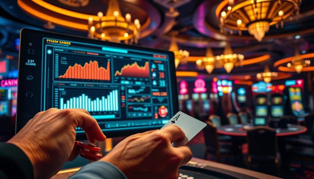 A casino-themed image showcasing online gambling strategies and techniques. In the foreground, a hand manipulating casino chips and cards, demonstrating betting tactics. The middle ground features a digital interface with graphs, charts, and statistics, representing data analysis tools. In the background, a lush, immersive casino environment with neon lights, opulent decor, and the buzz of gaming activity. The lighting is dramatic, with a mix of warm and cool tones, creating an atmosphere of excitement and strategic decision-making. The overall composition conveys the expertise and prowess of an experienced online gambler, ready to share their insights and secrets for success.