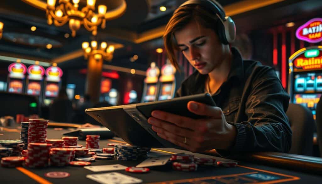 A casino-themed scene with a person intently studying gambling strategies on a tablet, surrounded by casino elements like poker chips, playing cards, and slot machines in the background. Warm, ambient lighting casts a cozy glow, and the overall atmosphere conveys a sense of focus and determination. The foreground features the person's hands interacting with the tablet, while the middle ground showcases various gaming accessories. The background depicts a dimly lit casino interior with a touch of elegance. Technical details include a medium-wide lens with a shallow depth of field, highlighting the subject while softening the background.