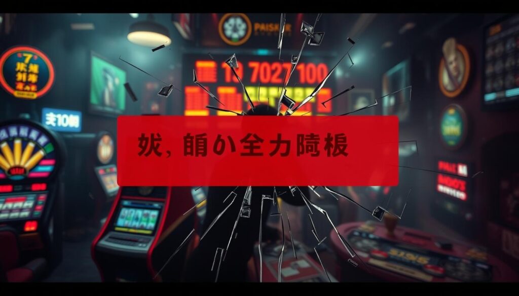 A chaotic scene of an online casino game interface, with glitched and distorted elements. The foreground features a large error message, written in Chinese characters, overlaid on a blurred and pixelated background of casino-themed graphics like slot machines, dice, and playing cards. The middle ground shows a cracked and fragmented screen, hinting at technical issues. The background is shrouded in a moody, hazy atmosphere, with a sense of unease and frustration. Dramatic lighting casts shadows and highlights the disarray, creating a visually striking and unsettling composition that captures the essence of the "common playing errors" in online casino games.