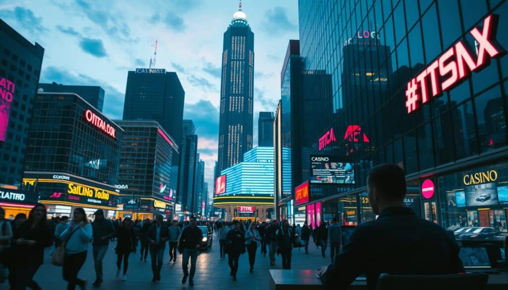 A cityscape at dusk, with the neon lights of a bustling online casino reflecting off the sleek buildings. In the foreground, a figure sits at a computer, their screen casting a soft glow as they navigate the casino's interface, searching for opportunities to exploit the system and maximize their earnings. The middle ground features a crowd of people hurrying through the streets, some glancing curiously at the casino's entrance. In the background, a towering skyscraper dominates the skyline, its glass facade mirroring the casino's vibrant lights. The scene conveys a sense of technological advancement, financial opportunity, and the thrill of navigating the complex world of online gambling.
