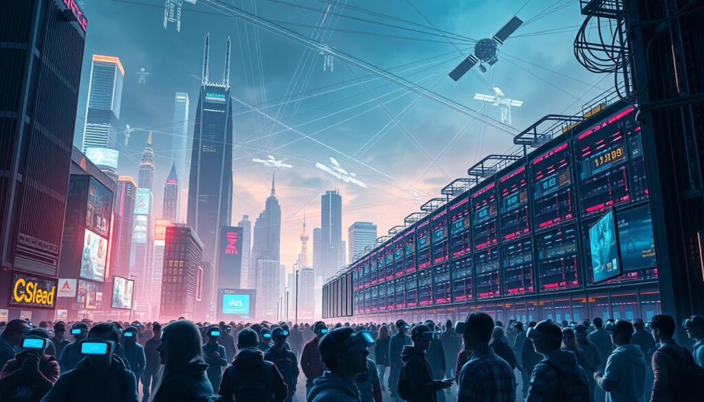 A cityscape of futuristic skyscrapers and holographic displays, bathed in a neon glow. In the foreground, a crowd of people immersed in virtual reality headsets, their movements synchronized as they navigate a shared digital landscape. The middle ground features a data center, the heart of the online gaming ecosystem, its servers humming with the constant exchange of information. In the background, a vast network of cables and satellites crisscross the sky, connecting players around the world in real-time. The scene conveys the rapid growth and global interconnectivity of the online gaming industry, a dynamic and ever-evolving space that shapes the future of digital entertainment.