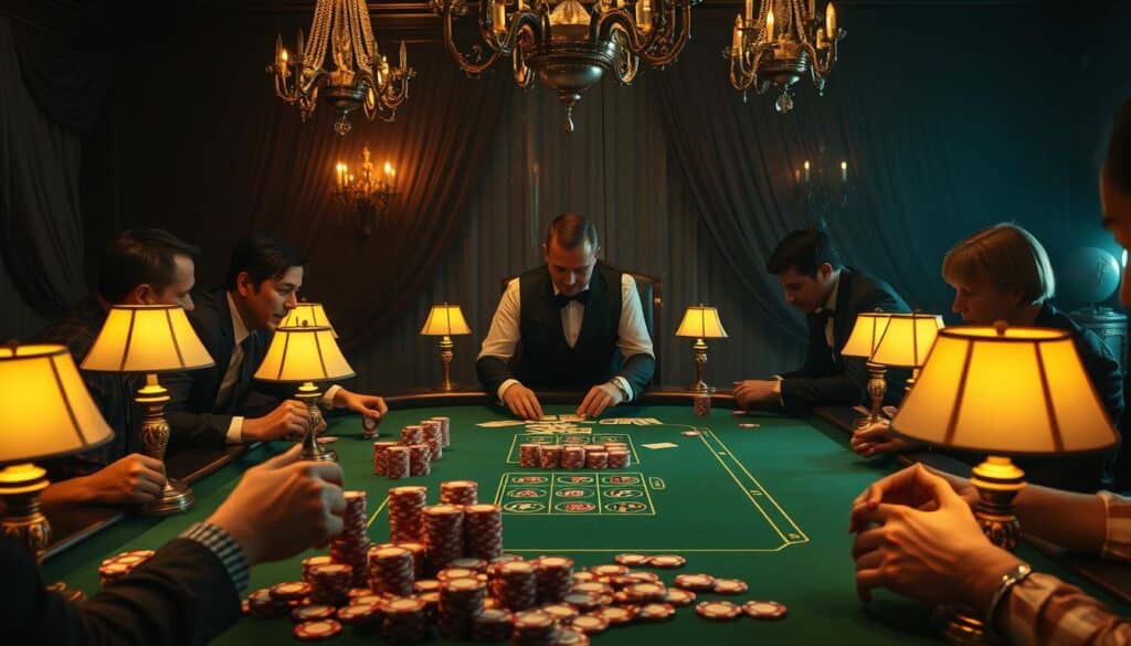 A classic Baccarat gaming table set against a dimly lit, luxurious casino backdrop. In the foreground, a dealer expertly shuffles and deals the cards, the green felt of the table meticulously maintained. Surrounding the table, players lean in, their faces illuminated by the warm glow of table lamps, expressions intense as they consider their next strategic move. The middle ground features an array of casino chips in various denominations, neatly stacked and scattered, hinting at the high-stakes nature of the game. In the background, a sense of exclusivity and sophistication pervades, with ornate chandeliers casting a soft, ambient light and elegant drapery framing the scene. The overall atmosphere exudes the thrill and elegance of Baccarat, a game of skill, chance, and calculated decision-making.