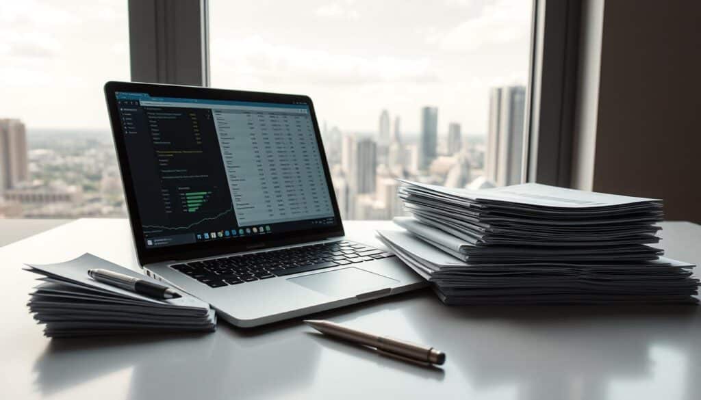 A clean, minimalist desktop workspace with an open laptop, a pen, and a stack of financial documents. The laptop screen displays a spreadsheet with various financial metrics. In the background, a window overlooking a serene cityscape, with soft, diffused natural lighting filtering in. The overall atmosphere conveys a sense of organization, focus, and careful financial management. The scene is captured from a slightly elevated angle, providing a comprehensive overview of the workspace and its elements.