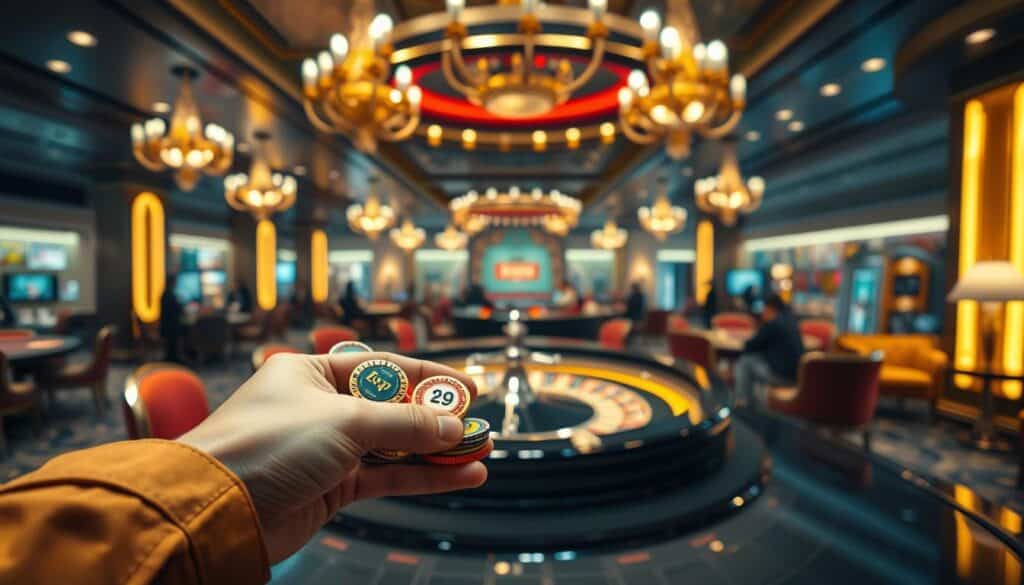 A clean, well-lit interior of a virtual casino. In the foreground, a player's hands carefully handling a stack of colorful game tokens, or "coins", each emblazoned with distinct symbols and hues. The middle ground features the gleaming surface of a gaming table, perhaps a roulette wheel or blackjack layout, hinting at the engaging gameplay to come. In the background, a softly blurred vista of elegant chandeliers, plush furnishings, and the faint outlines of other players, creating a sense of active but refined entertainment. The lighting is warm and inviting, setting a mood of anticipation and responsible gaming. The overall composition emphasizes the thoughtful, methodical use of the game currency as the central focus.