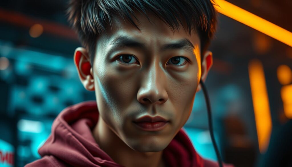 A close-up portrait of Mingda Wu, a determined e-sports player, against a blurred backdrop of a high-tech gaming arena. Soft, dramatic lighting illuminates his focused expression as he gazes intensely at the camera, conveying his single-minded pursuit of victory. The composition emphasizes his unwavering determination, with a sense of intensity and purpose. The overall mood is one of determination, ambition, and the drive to overcome challenges in the pursuit of excellence.
