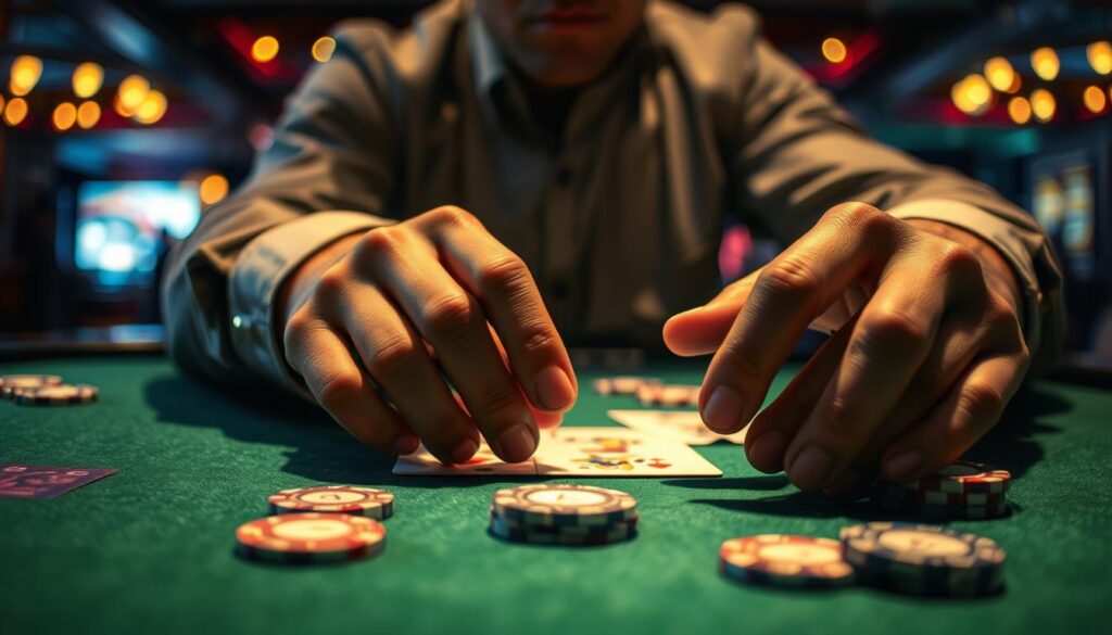 A close-up view of a person's hands deftly manipulating casino chips and cards on a green felt table. The table is illuminated by warm, focused lighting, casting subtle shadows that accentuate the intricate hand movements. The background is dimly lit, hinting at the bustling atmosphere of a high-stakes gambling establishment. The person's face is not visible, emphasizing the technical mastery and concentration required to excel at casino gaming strategies. The image conveys a sense of expertise, precision, and the calculated risk-taking inherent in the pursuit of gambling proficiency.
