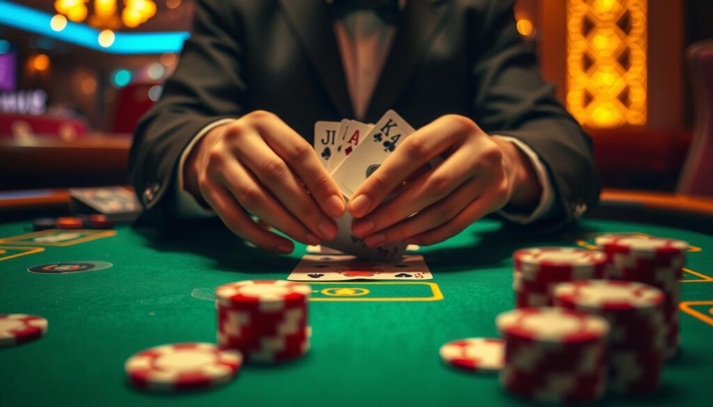 A close-up view of a person's hands playing a game of Baccarat at a casino table, with green felt surface and casino chips in the foreground. The hands are carefully arranging the cards, illustrating a strategic approach to the game. The lighting is warm and creates a sense of focus, with a blurred background to emphasize the gameplay. The image conveys a mood of concentration and calculated decision-making, capturing the essence of Baccarat gameplay techniques.