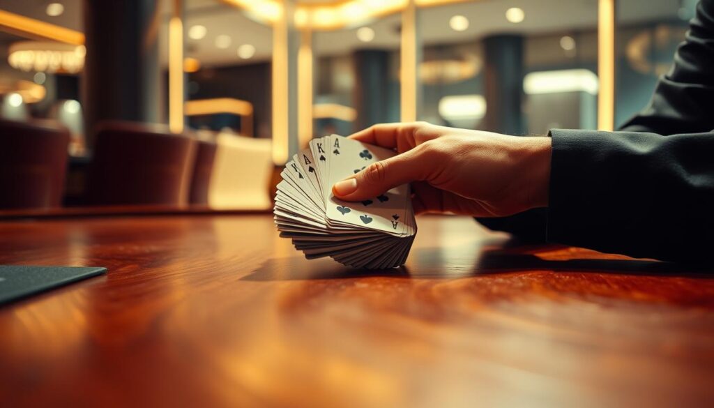 A closeup shot of a player's hands deftly shuffling a deck of playing cards, their fingers deftly maneuvering the cards in a seamless flourish. The table surface is a rich, mahogany wood, reflecting the warm, ambient lighting that casts a soft glow across the scene. In the background, a blurred view of a modern, minimalist interior, hinting at an upscale casino or lounge setting. The focus is solely on the skilled card handling, capturing the essence of the fundamental poker techniques that form the foundation of mastery in the game.