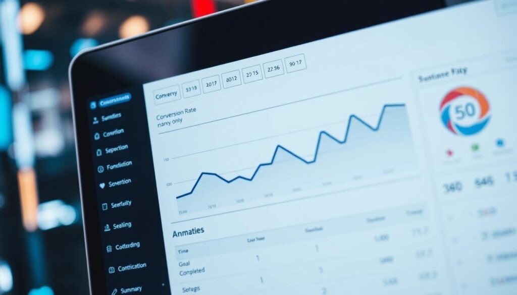A closeup view of a digital analytics dashboard displaying the conversion rate analysis for a website. The dashboard features clean, minimalist design with a focus on key performance metrics like conversion rate, conversion volume, and goal completion. The data visualization includes a line graph charting the conversion rate over time, complemented by summary statistics and insights. The overall mood is one of analytical precision and data-driven decision making, reflecting the subject's emphasis on tracking SEO progress and measuring its business impact.
