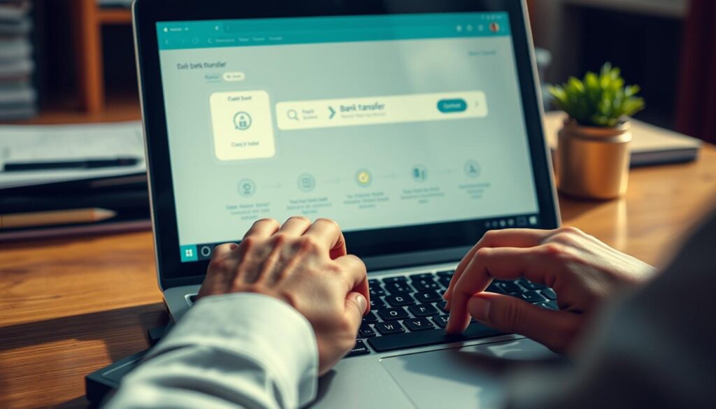 A closeup view of a person's hands on a laptop keyboard, navigating through a digital banking interface. The screen displays a step-by-step guide for a bank transfer process, with clean UI elements and clear iconography. The background is a blurred workspace, suggesting a professional office or home environment. Warm, natural lighting casts soft shadows, creating a calm, focused atmosphere. The composition emphasizes the intuitive flow of the banking transaction, conveying an efficient, user-friendly experience.