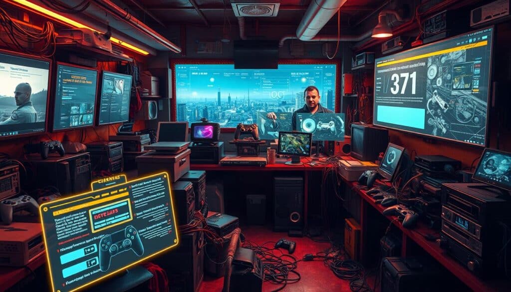 A cluttered workshop filled with various gaming consoles, controllers, and tangled cables, illuminated by warm, focused lighting. In the foreground, a collection of common gaming issues displayed on holographic screens, including glitched graphics, controller malfunctions, and connection problems. The middle ground features a technician analyzing the problems, surrounded by diagnostic tools and spare parts. In the background, a panoramic view of the online gaming ecosystem, with servers, data centers, and network infrastructure visible. The overall atmosphere conveys a sense of technical expertise and problem-solving, ready to address the diverse challenges faced by online gaming enthusiasts.