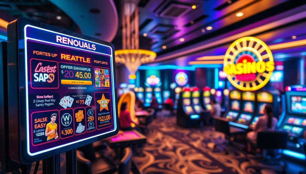 A colorful and vibrant online casino promotional banner, showcasing an array of tempting offers and rewards. In the foreground, a neon-lit display presents the latest deals, with dynamic graphics and eye-catching iconography. The middle ground features a lively scene of players engaging with various casino games, their faces animated with excitement. In the background, a sleek and modern casino interior sets the stage, complete with subtle lighting and a sense of high-energy atmosphere. The overall composition conveys a sense of excitement, exclusivity, and the thrill of the casino experience, perfectly capturing the essence of the "Online Casino Promotional Activity" theme.