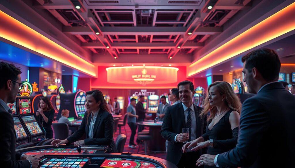 A colorful and vibrant scene of an online casino promotion. In the foreground, a group of well-dressed individuals engaged in lively gambling activities, their expressions animated with anticipation and excitement. The middle ground features an array of gaming tables, slot machines, and other interactive elements, all bathed in a warm, inviting glow. The background showcases a sleek, modern casino interior, with high ceilings, contemporary decor, and a sense of sophistication. The lighting is a harmonious blend of soft, ambient tones and strategic spotlights, creating a captivating atmosphere. The overall composition conveys a sense of energy, opportunity, and the thrill of the gaming experience, perfectly encapsulating the essence of an online casino promotion.