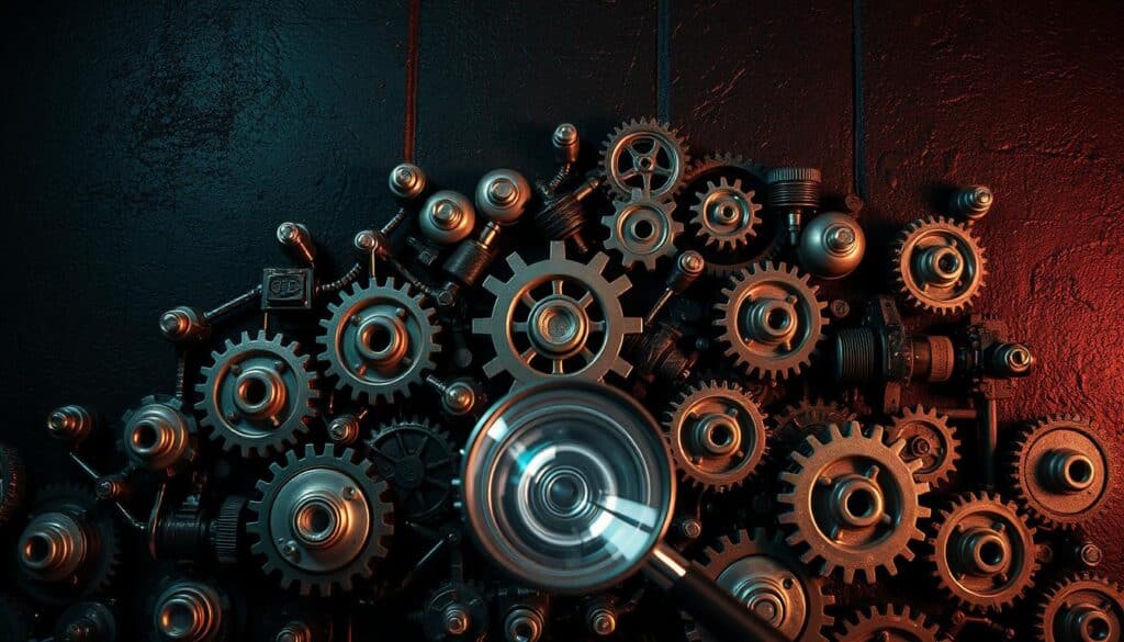 A complex array of gears, cogs, and levers against a backdrop of a dark, textured wall, symbolizing the intricacies of risk management in the world of online gaming and gambling. The foreground features a magnifying glass hovering over the mechanical components, emphasizing the need for close inspection and careful analysis. The lighting is dramatic, with shadows and highlights accentuating the depth and weight of the system. The mood is one of contemplation and caution, reflecting the gravity of the subject matter. The overall composition conveys the sense of a carefully engineered and meticulously managed process, crucial for navigating the risks inherent in the ever-evolving world of electronic sports and betting.