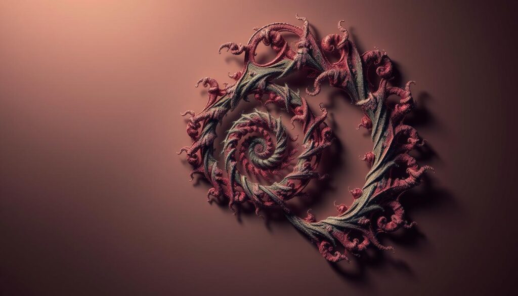 A complex fractal pattern swirls across the frame, its sinuous curves and spiraling shapes creating a mesmerizing visual symphony. The Fibonacci sequence comes to life, each subsequent number in the series manifesting as a new arc or spiral that intertwines with the others, forming an intricate, organic lattice. The background is a serene, muted palette, allowing the vibrant, undulating pattern to take center stage. Dramatic, directional lighting casts dramatic shadows, emphasizing the depth and dimensionality of the fractal structures. The overall effect is one of elegant mathematical beauty, a captivating visualization of the Fibonacci system's inherent complexity and order.