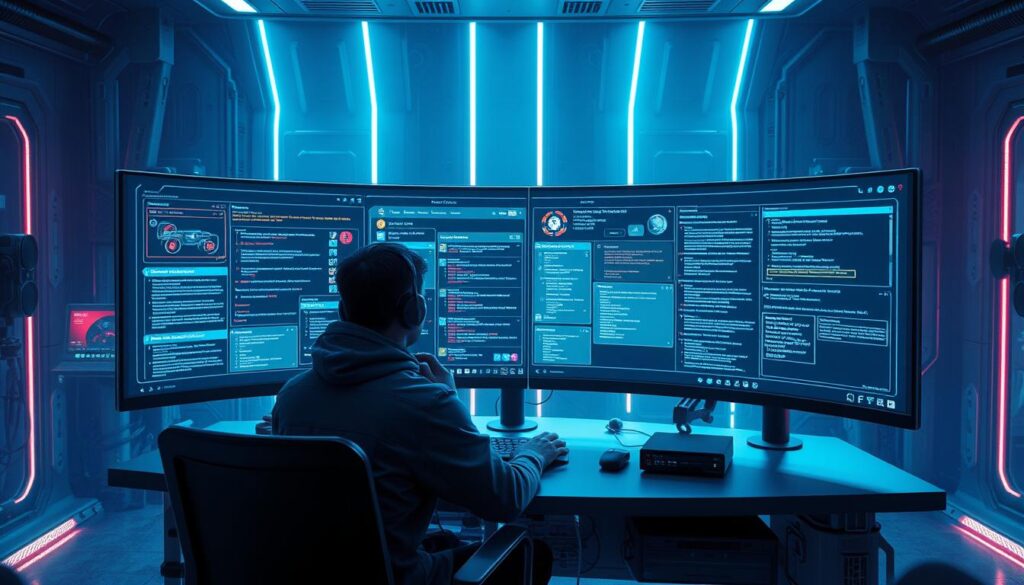 A complex, futuristic online gaming interface with various interactive elements, displayed on a curved ultrawide monitor. The scene features a person sitting at a sleek, minimalist workstation, surrounded by high-tech equipment and illuminated by cool, ambient lighting. The user is intently focused on troubleshooting and resolving technical issues, with a series of diagnostic windows and error messages displayed on the screen. The composition emphasizes the fusion of human and machine, with a sense of depth, movement, and technological sophistication conveyed through the use of advanced rendering techniques and a cinematic camera angle.