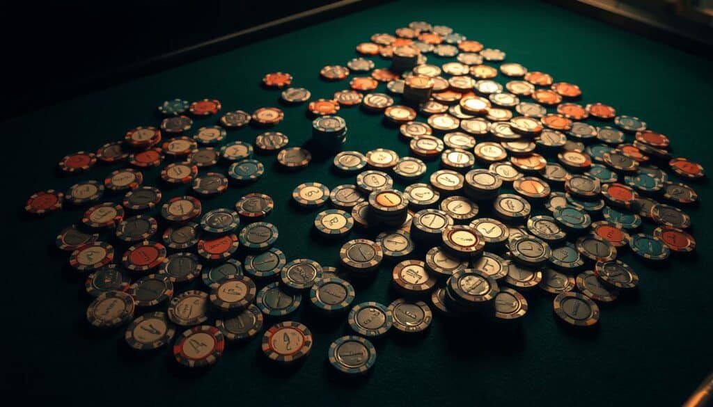 A complex grid of casino chips in various denominations, meticulously arranged on a dark green felt table. Soft, warm lighting casts gentle shadows, creating depth and dimension. The arrangement suggests a strategic, analytical approach to chip management, with larger chips positioned centrally and smaller ones cascading outwards. The overall mood is one of thoughtful contemplation, as if the viewer is privy to the inner workings of a seasoned gambler's well-honed system.
