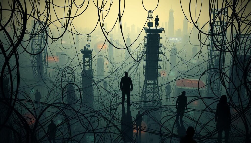 A complex maze of regulations and directives, with shadowy figures navigating the intricate web of global and local compliance challenges. In the foreground, a tangled network of laws and guidelines, casting ominous shadows across a landscape of uncertainties. The middle ground reveals the silhouettes of decision-makers, grappling with the ever-evolving landscape of compliance requirements. In the background, a hazy skyline suggests the global scale of this issue, as international standards and regional variations collide. Dramatic lighting and a somber color palette convey the gravity and complexity of "合規性挑戰" within the online gaming industry.