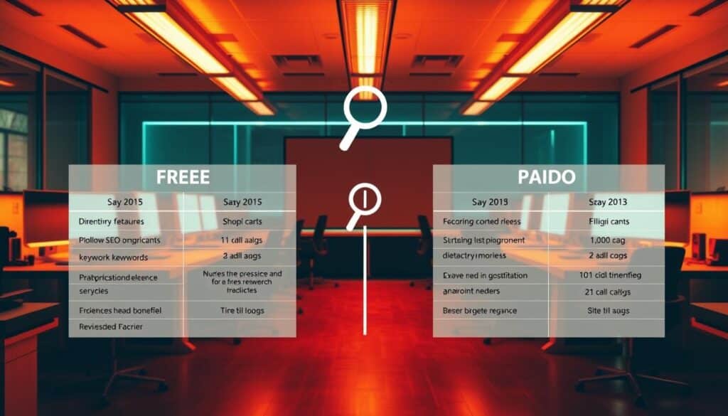 A comprehensive comparison of free and paid SEO keyword research tools, showcased against a vibrant, professional-looking backdrop. In the foreground, a clean, minimalist grid layout presents key features and pricing details of both tool categories, conveyed through clean icons and concise text. The middle ground features a stylized magnifying glass icon, symbolizing the search and analysis capabilities of the tools. The background depicts a modern, high-tech office setting with sleek desks, monitors, and relevant office supplies, bathed in warm, directional lighting to create a polished, authoritative atmosphere. The overall composition strikes a balance between informative clarity and aesthetic appeal, effectively highlighting the comparative value of free and paid keyword research tools.
