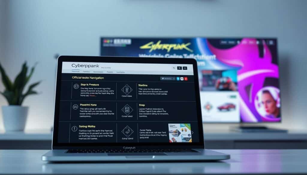 A comprehensive website navigation guide showcased in a clean, modern interface. In the foreground, a laptop display depicts step-by-step instructions for navigating the official online gaming platform, with clear icons and visuals guiding the user. The middle ground features a subtly blurred background of the website's homepage, showcasing its sleek design and intuitive layout. Soft, diffused lighting illuminates the scene, creating a pleasant, informative atmosphere. The overall composition conveys a sense of professionalism and ease of use, perfectly suited to illustrate the "Official Website Navigation" section of the article.