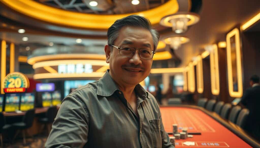 A confident, middle-aged Taiwanese man standing in a well-lit casino, his expression radiating success and accomplishment. In the foreground, a gambling table with chips and cards, hinting at his prowess in casino games. The background features the sleek, modern interior of the casino, with subtle hints of the casino's branding and design. The lighting is warm and inviting, creating a sense of prosperity and triumph. The angle is slightly elevated, giving the viewer a sense of the player's confidence and stature. The overall mood is one of celebration and achievement, capturing the essence of a Taiwanese player's successful journey in the casino industry.