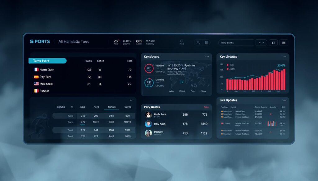 A contemporary sports news dashboard displaying real-time game scores and statistics. Sleek and minimalist design with a dark color scheme, clean typography, and intuitive layout. The foreground features a large primary score panel with team names, current scores, and game time. The middle ground includes secondary panels showing key player stats, match details, and live updates. The background has a subtle pattern or texture, suggesting a digital interface or app interface. Soft lighting creates depth and highlights the information hierarchy. The overall mood is one of high-tech professionalism and immediacy, capturing the essence of live sports data.