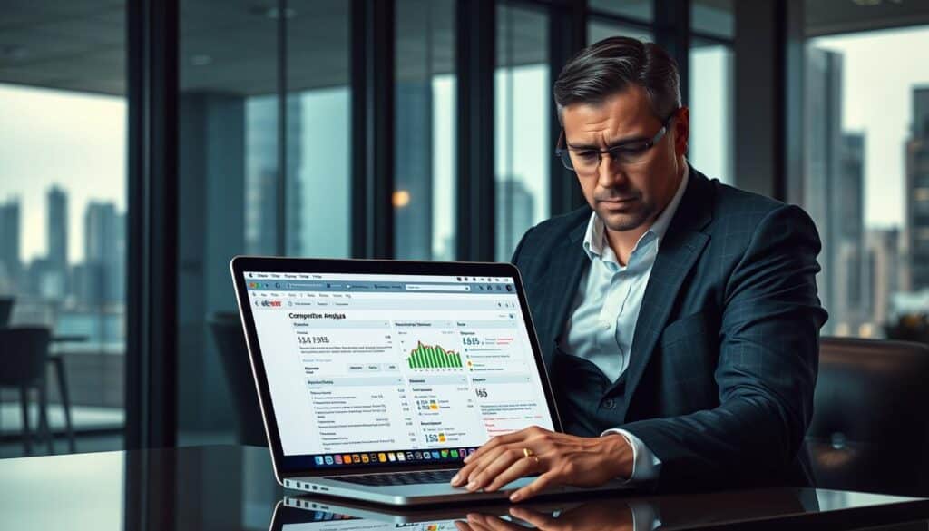 A corporate office setting with sleek glass walls and modern furnishings. In the foreground, a laptop displays a detailed competitor website analysis, its screen illuminated by soft directional lighting. In the middle ground, a businessperson in a tailored suit pores over the data, brow furrowed in concentration. The background features a cityscape visible through the windows, hinting at the broader context of SEO strategy and market competition. The overall atmosphere conveys a sense of strategic focus, data-driven decision making, and professional expertise.