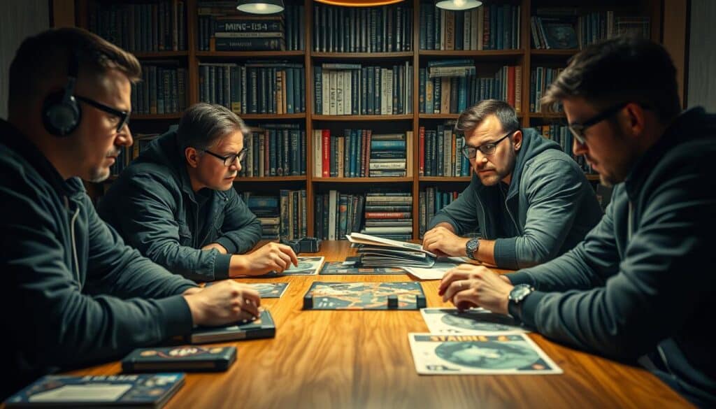 A cozy and contemplative discussion on gaming strategies, with a group of players gathered around a wooden table. Warm lighting illuminates their expressions as they intently study game boards and exchange ideas. In the background, a bookshelf filled with gaming manuals and strategical tomes sets the scholarly tone. The scene exudes an atmosphere of camaraderie, intellectual pursuit, and the shared joy of mastering game mechanics. The players' body language conveys a sense of deep concentration and animated discourse, capturing the essence of gaming tactics being thoughtfully deliberated.