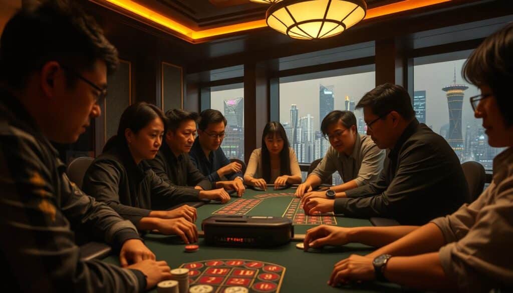 A cozy and dimly lit casino interior, with a group of Taiwanese players gathered around a baccarat table, intently focused on the game. Soft lighting casts a warm glow, creating an intimate atmosphere. The players' expressions convey a mix of concentration, excitement, and camaraderie as they discuss and analyze their strategies. In the background, glimpses of the city skyline are visible through large windows, hinting at the bustling urban environment outside. The image captures the essence of the Taiwanese gaming experience - a blend of skill, strategy, and the thrill of the game.