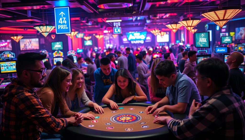 A cozy and vibrant online casino scene, where players engage in lively social interactions. In the foreground, a group of friends huddled around a virtual gaming table, their expressions animated as they strategize and celebrate their wins. In the middle ground, other players gather in clusters, chatting and laughing, creating a sense of community. The background is filled with the warm glow of screen lights, casting a soft, inviting ambiance over the entire scene. The camera angle is slightly elevated, capturing the dynamic energy and interconnectedness of the social experience within the virtual casino environment.