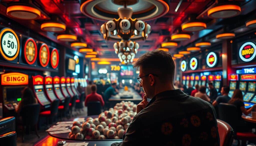 A cozy bingo hall with warm, inviting lighting. At the center, a gleaming bingo board showcases numbered balls amid a cluster of player cards, hinting at the strategic play unfolding. The foreground features a thoughtful player, contemplating their next move, surrounded by the anticipation and camaraderie of the game. In the background, a panoramic view of the hall reveals rows of focused participants, each seeking the thrill of the next call. The scene exudes an atmosphere of calculated risk-taking and the potential for lucrative rewards, reflecting the essence of profitable bingo strategies.
