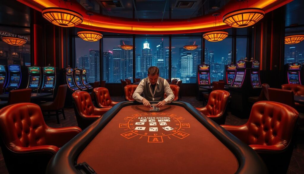 A cozy casino interior, dimly lit with warm amber tones. Plush leather chairs surround sleek black gaming tables, their polished surfaces reflecting the flickering light of slot machines. In the background, a dramatic skyline of towering skyscrapers visible through large windows, hinting at the bustling city beyond. At the center, a dealer expertly shuffles a deck of cards, ready to deal the next thrilling hand of blackjack. The atmosphere is one of excitement and anticipation, inviting players to try their luck at the most popular casino games.