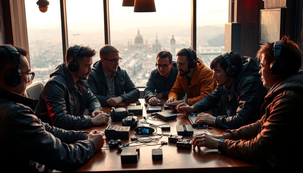 A cozy gaming lounge with a group of diverse players gathered around a table, deep in discussion. The soft lighting casts a warm glow, creating an intimate and collaborative atmosphere. On the table, various gaming accessories and devices are scattered, representing the shared experiences and strategies of the dedicated enthusiasts. In the background, a panoramic view of a vibrant cityscape or natural landscape sets the scene, hinting at the broader gaming community that extends beyond the immediate group. The players' expressions convey a sense of camaraderie, as they exchange ideas and offer guidance to one another, their passion for the game palpable.