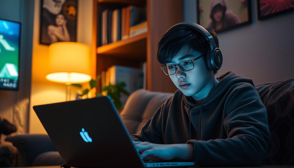A cozy living room setting, a young Taiwanese player engrossed in their laptop, the soft glow of a nearby lamp illuminating their focused expression. In the background, a bookshelf and a potted plant add a sense of comfort and homeliness. The scene conveys a sense of tranquility and immersion, reflecting the authentic gaming experience of a local player. Lens: 50mm, lighting: warm, soft. Mood: relaxed, intimate.