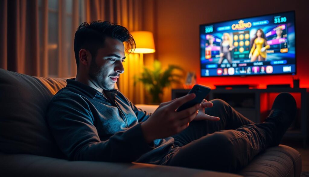 A cozy living room setting, with a person lounging on a comfortable sofa, intently focused on their smartphone. The room is bathed in a warm, golden glow, creating a sense of relaxation and intimacy. The person's expression conveys a mix of excitement and convenience, reflecting the effortless accessibility of mobile gambling. In the background, a sleek, modern television displays alluring casino graphics, further immersing the viewer in the world of mobile gaming. The overall scene captures the seamless integration of technology and gambling, highlighting the growing popularity and convenience of mobile betting.