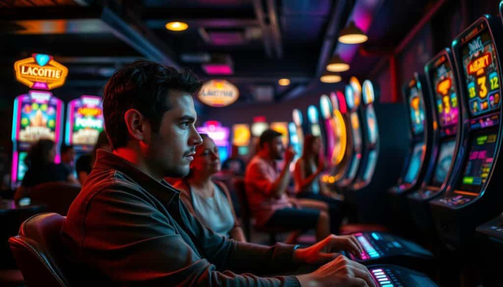 A cozy lounge in a modern gaming arcade, dimly lit with warm ambient lighting. A group of players, their faces aglow with the vibrant displays of the slot machines and video screens, engrossed in their games. In the foreground, a player sits back, a pensive expression on their face as they contemplate their recent wins and losses, their hands resting on the controls. The background is a blur of motion and color, with other players gesturing animatedly, sharing their own stories and strategies. The atmosphere is one of casual camaraderie, a shared sense of excitement and anticipation as the games unfold.