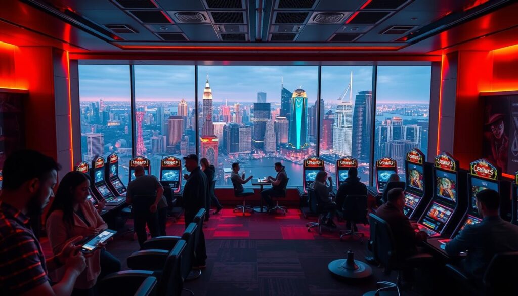 A cozy online casino gaming lounge with warm lighting and a sleek, minimalist interior design. In the foreground, a group of players engages in animated discussions, their faces illuminated by the glow of their devices. The middle ground features rows of high-quality gaming stations, each outfitted with the latest technology and comfortable seating. In the background, a large panoramic window offers a breathtaking view of a bustling city skyline, creating a sense of urban sophistication. The atmosphere is one of excitement, camaraderie, and immersive entertainment, capturing the essence of an exceptional online gaming experience.