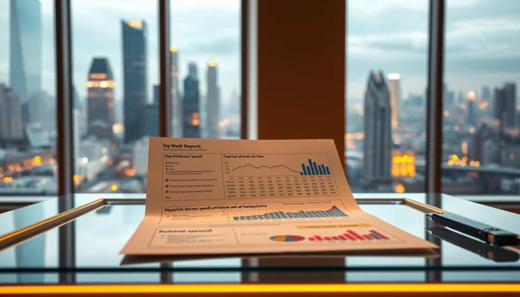 A crisp, well-lit scene of a financial report on a sleek, glass-topped desk. The report features detailed charts and graphs analyzing the withdrawal speed and transaction times of various online casino platforms. The background is a modern, minimalist office setting with large windows overlooking a bustling city skyline. Gentle, warm lighting casts a professional, analytical atmosphere. The composition emphasizes the clarity and precision of the financial data, inviting the viewer to closely examine the key performance indicators that reflect the speed and efficiency of casino payouts.