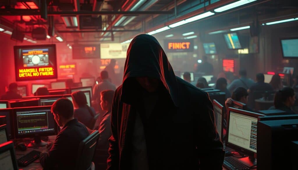 A crowded customer service call center, with agents frantically taking calls amidst a chaotic backdrop of screens and blinking lights. In the foreground, a sinister-looking individual lurks, their face obscured by shadow, hinting at the connection between customer service and fraudulent activities. The lighting is harsh, creating a sense of unease and tension. The scene is captured from a slightly elevated angle, giving the viewer a sense of the scale and complexity of the operation. The overall mood is one of suspicion and foreboding, reflecting the dangers that lurk beneath the veneer of customer service.