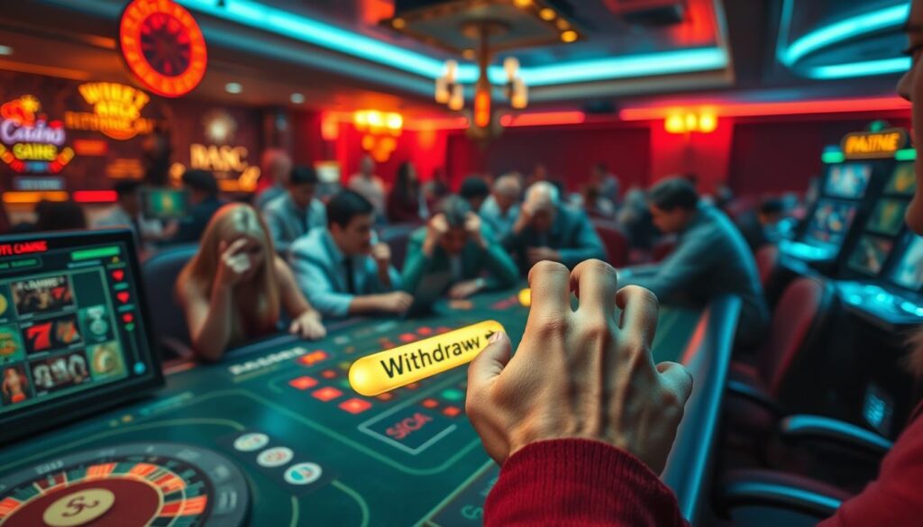 A crowded online casino interface, with various gaming options and withdrawal buttons. In the foreground, a frustrated player desperately clicking on a "Withdraw" button, but the button is unresponsive, indicating withdrawal difficulties. The middle ground shows other players in similar distress, some angrily slamming their fists on the table. The background is dimly lit, with a sense of unease and tension, hinting at the underlying issues of the "withdrawal problem" faced by many casino patrons. The scene is rendered in a realistic, gritty style, with shadows and highlights emphasizing the emotions and challenges depicted.